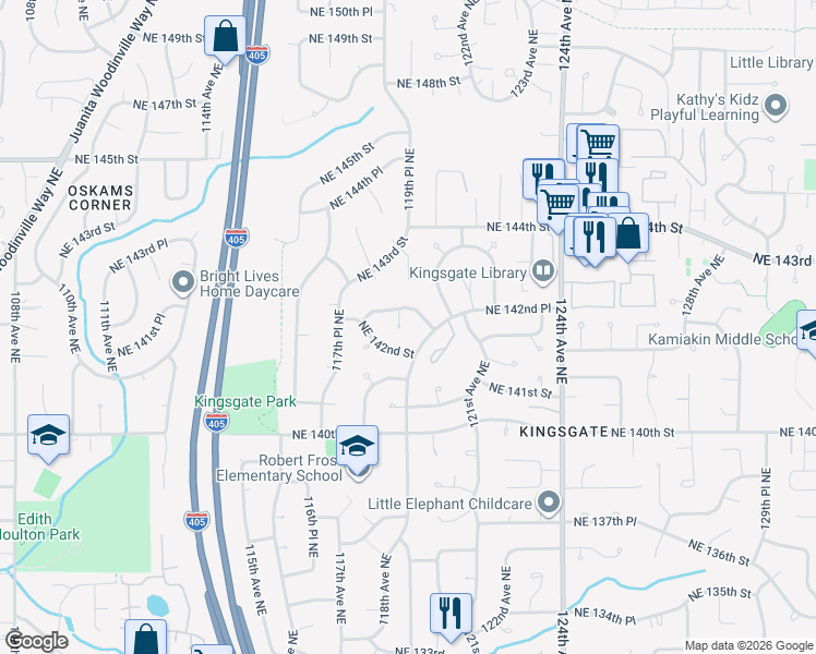 map of restaurants, bars, coffee shops, grocery stores, and more near 11881 Northeast 142nd Place in Kirkland