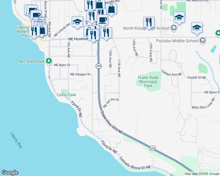 map of restaurants, bars, coffee shops, grocery stores, and more near 1049 Northeast Rindal Court in Poulsbo