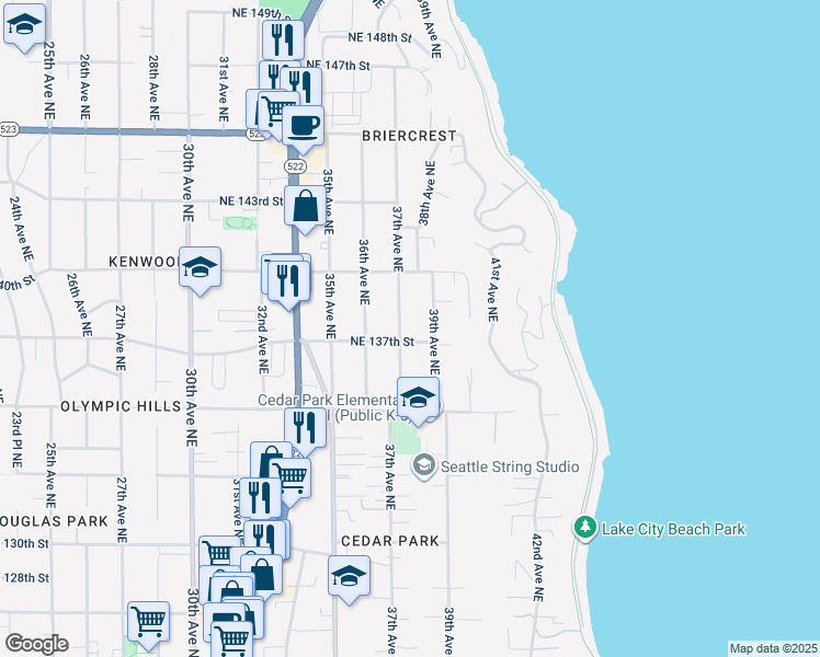 map of restaurants, bars, coffee shops, grocery stores, and more near 13708 37th Avenue Northeast in Seattle