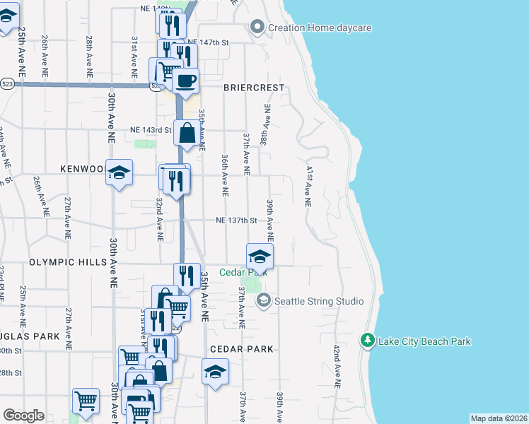 map of restaurants, bars, coffee shops, grocery stores, and more near 13709 39th Avenue Northeast in Seattle