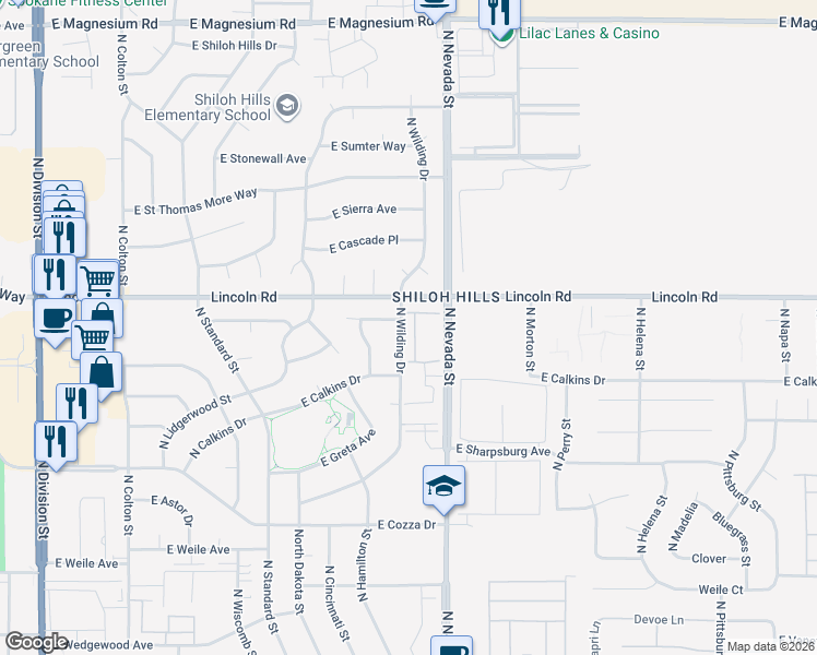 map of restaurants, bars, coffee shops, grocery stores, and more near 7878 North Wilding Drive in Spokane