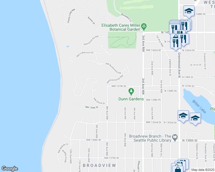 map of restaurants, bars, coffee shops, grocery stores, and more near 18220 8th Avenue Northwest in Seattle