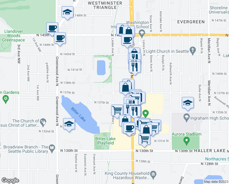 map of restaurants, bars, coffee shops, grocery stores, and more near 910 North 137th Street in Seattle