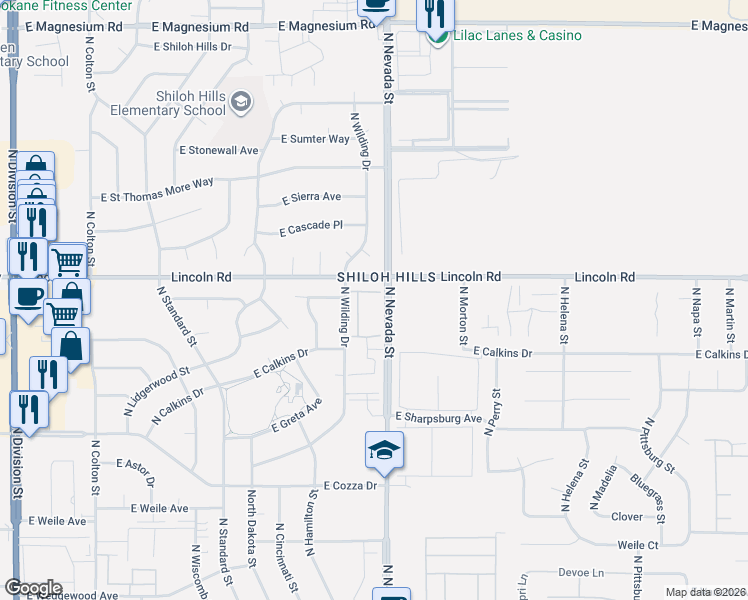 map of restaurants, bars, coffee shops, grocery stores, and more near 7809 North Nevada Street in Spokane
