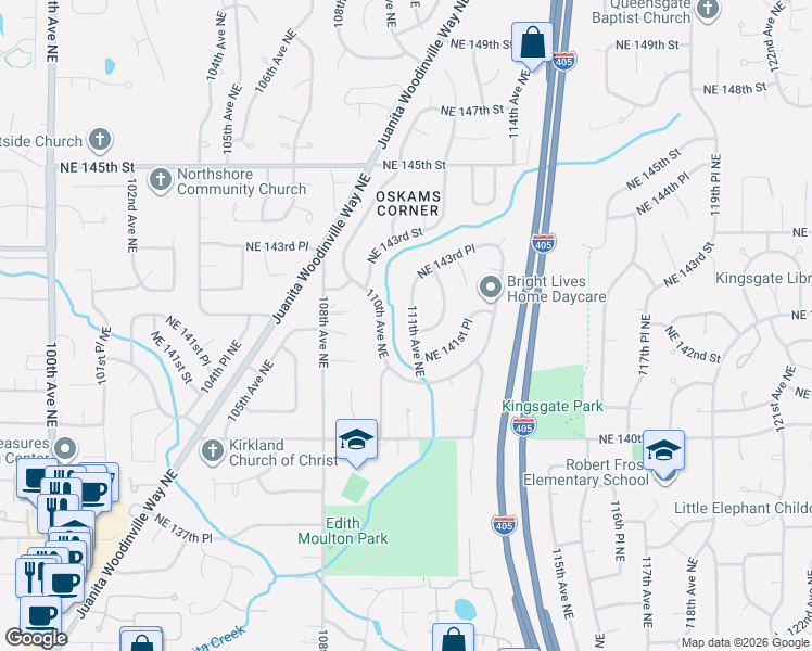 map of restaurants, bars, coffee shops, grocery stores, and more near 14126 110th Avenue Northeast in Kirkland