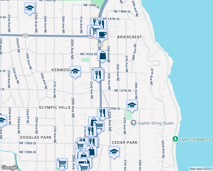 map of restaurants, bars, coffee shops, grocery stores, and more near 13716 Lake City Way Northeast in Seattle