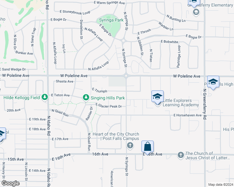 map of restaurants, bars, coffee shops, grocery stores, and more near 1406 Triumph Avenue in Post Falls