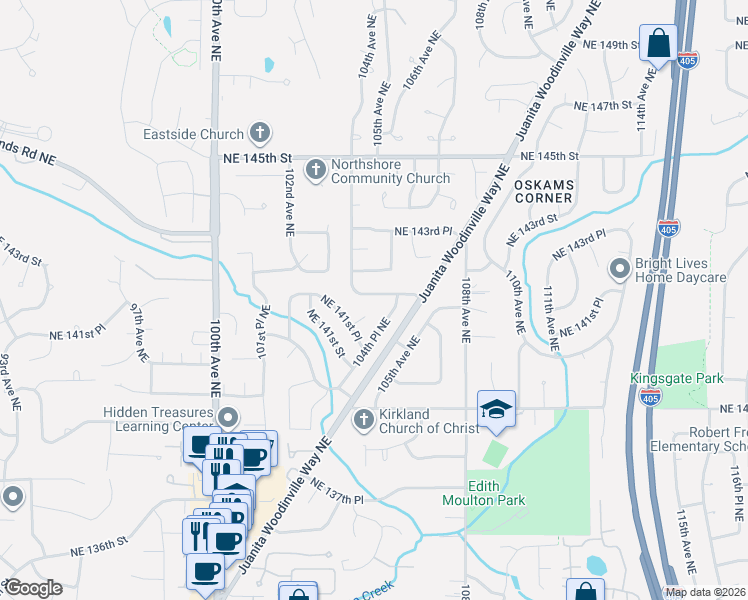 map of restaurants, bars, coffee shops, grocery stores, and more near 14157 104th Place Northeast in Kirkland