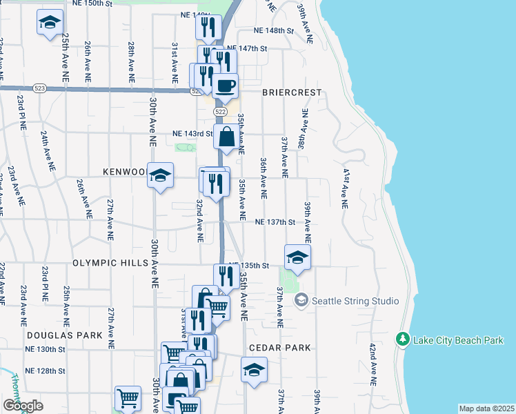 map of restaurants, bars, coffee shops, grocery stores, and more near 3510 Northeast 137th Street in Seattle