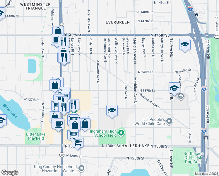 map of restaurants, bars, coffee shops, grocery stores, and more near 13555 Densmore Avenue North in Seattle
