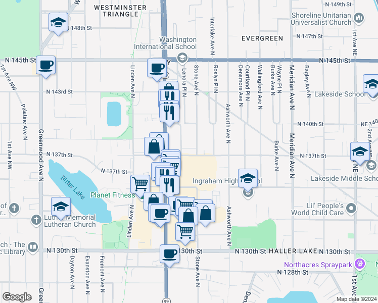 map of restaurants, bars, coffee shops, grocery stores, and more near 1214 North 137th Street in Seattle