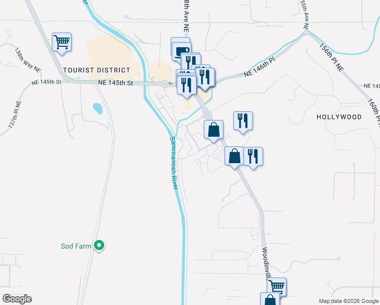 map of restaurants, bars, coffee shops, grocery stores, and more near 14760 NE 143rd St in Redmond
