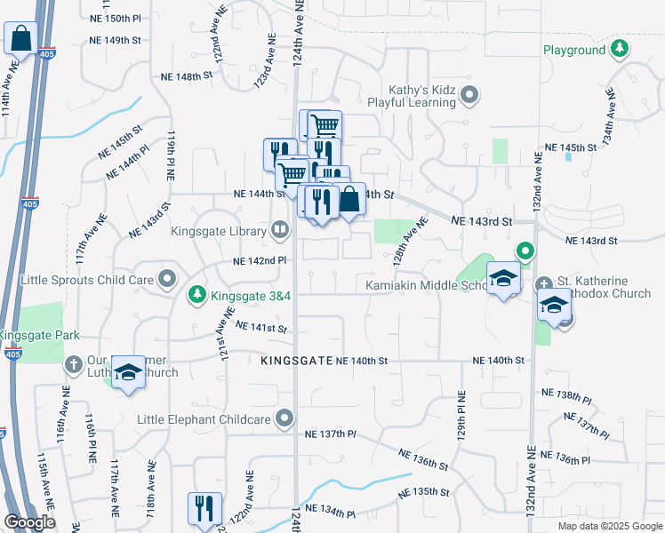 map of restaurants, bars, coffee shops, grocery stores, and more near 14151 125th Avenue Northeast in Kirkland