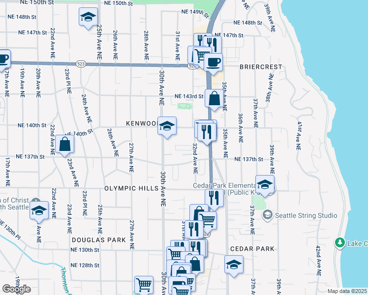 map of restaurants, bars, coffee shops, grocery stores, and more near 13725 32nd Avenue Northeast in Seattle