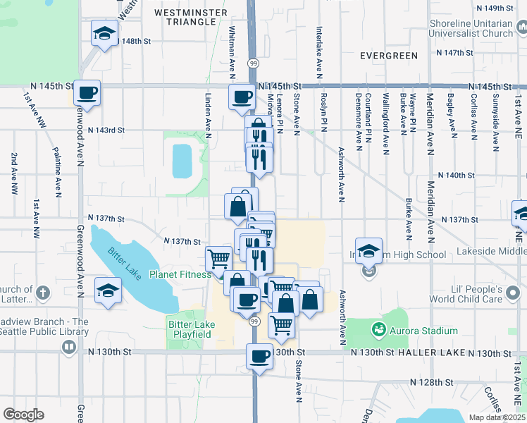 map of restaurants, bars, coffee shops, grocery stores, and more near 13601 Aurora Avenue North in Seattle