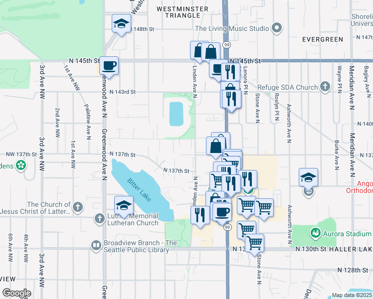 map of restaurants, bars, coffee shops, grocery stores, and more near 724 North 137th Street in Seattle