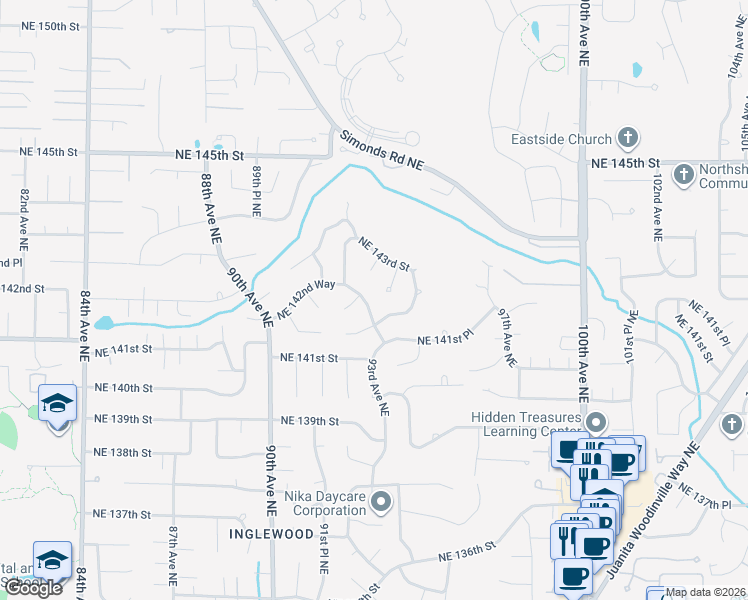 map of restaurants, bars, coffee shops, grocery stores, and more near 14201 93rd Avenue Northeast in Kirkland