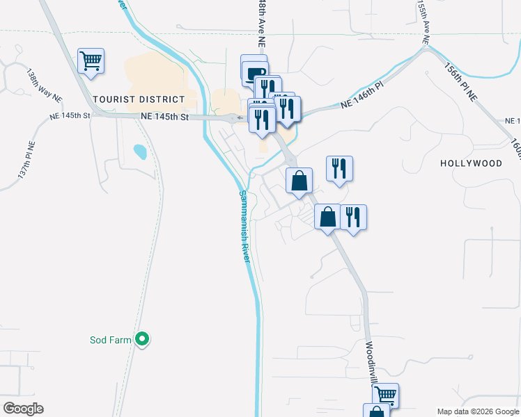 map of restaurants, bars, coffee shops, grocery stores, and more near 14319 Northeast 147th Court in Woodinville