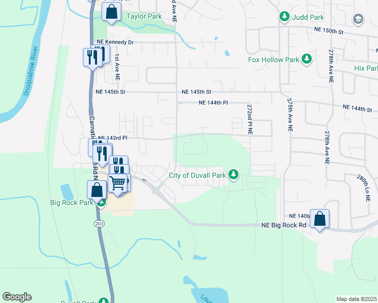 map of restaurants, bars, coffee shops, grocery stores, and more near 26858 Northeast 143rd Circle in Duvall