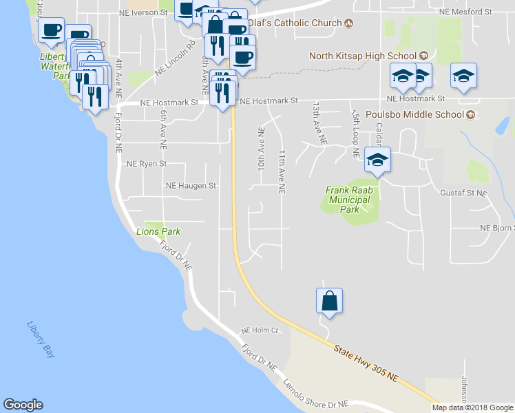 map of restaurants, bars, coffee shops, grocery stores, and more near 1040 Northeast Rindall Court in Poulsbo