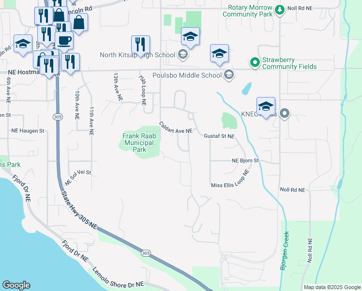 map of restaurants, bars, coffee shops, grocery stores, and more near 1717 Northeast Mount Kamela Court in Poulsbo
