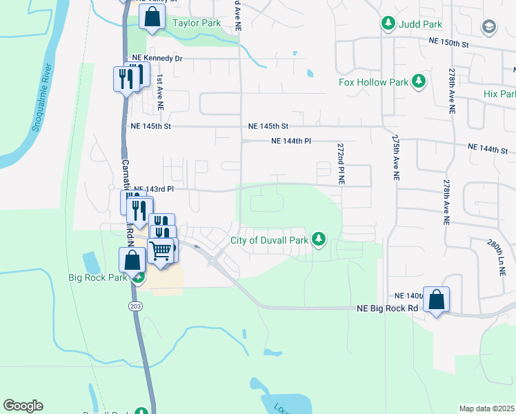 map of restaurants, bars, coffee shops, grocery stores, and more near 26858 Northeast 143rd Circle in Duvall
