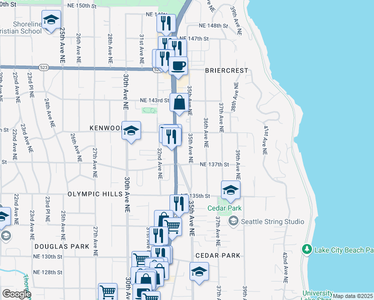 map of restaurants, bars, coffee shops, grocery stores, and more near 13716 Lake City Way Northeast in Seattle