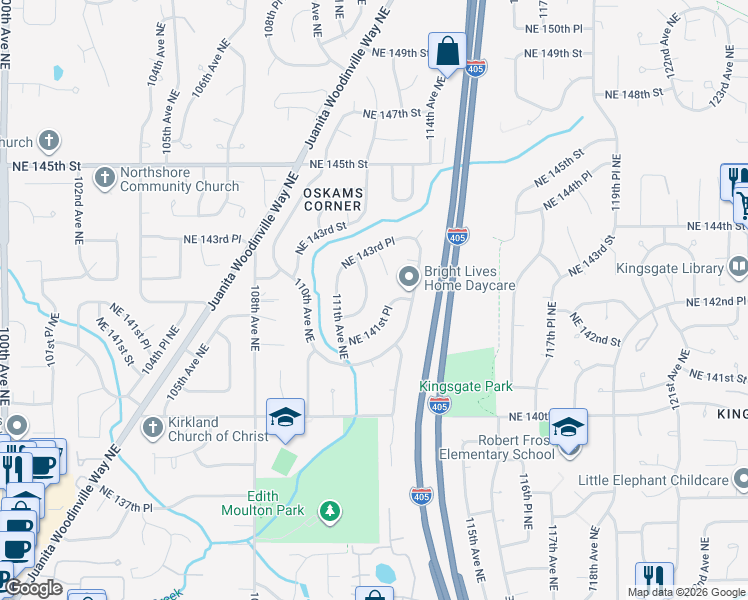 map of restaurants, bars, coffee shops, grocery stores, and more near 11209 Northeast 141st Place in Kirkland