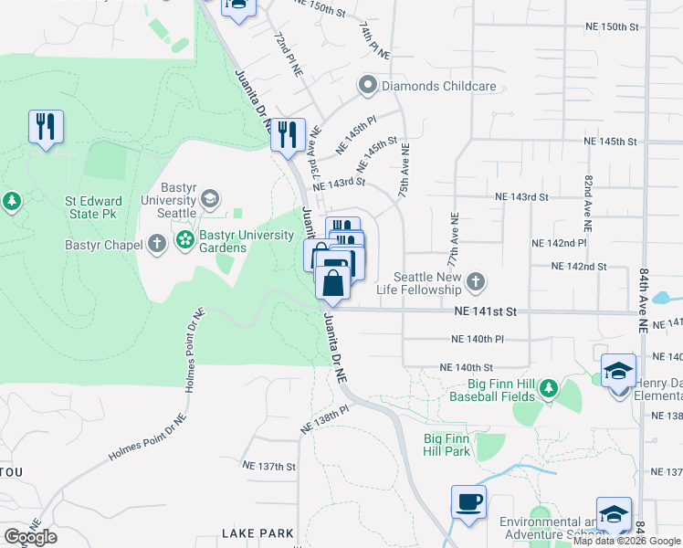 map of restaurants, bars, coffee shops, grocery stores, and more near 14130 Juanita Drive Northeast in Kirkland