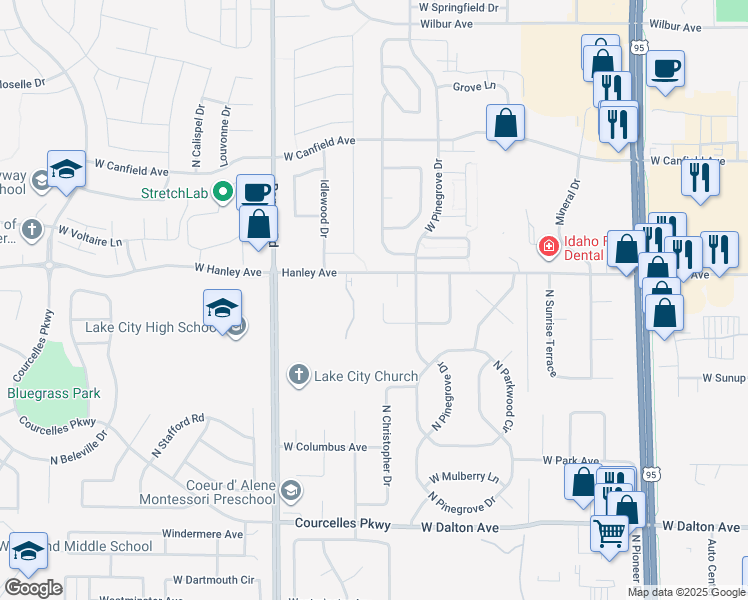 map of restaurants, bars, coffee shops, grocery stores, and more near 6323 North Centennial Place in Coeur d'Alene
