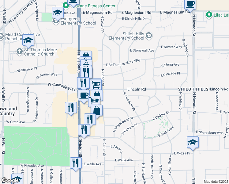 map of restaurants, bars, coffee shops, grocery stores, and more near 210 Lincoln Road in Spokane