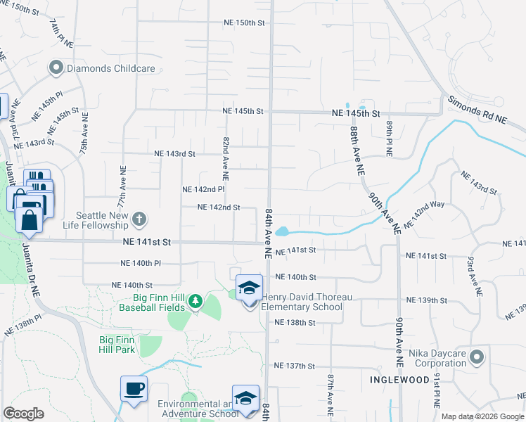 map of restaurants, bars, coffee shops, grocery stores, and more near 14144 83rd Place Northeast in Kirkland