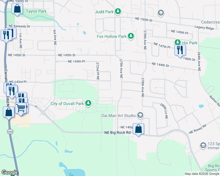 map of restaurants, bars, coffee shops, grocery stores, and more near 274th Place Northeast in Duvall