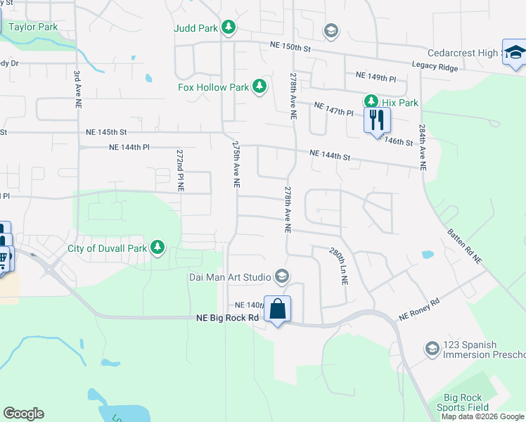 map of restaurants, bars, coffee shops, grocery stores, and more near 27616 Northeast 142nd Place in Duvall
