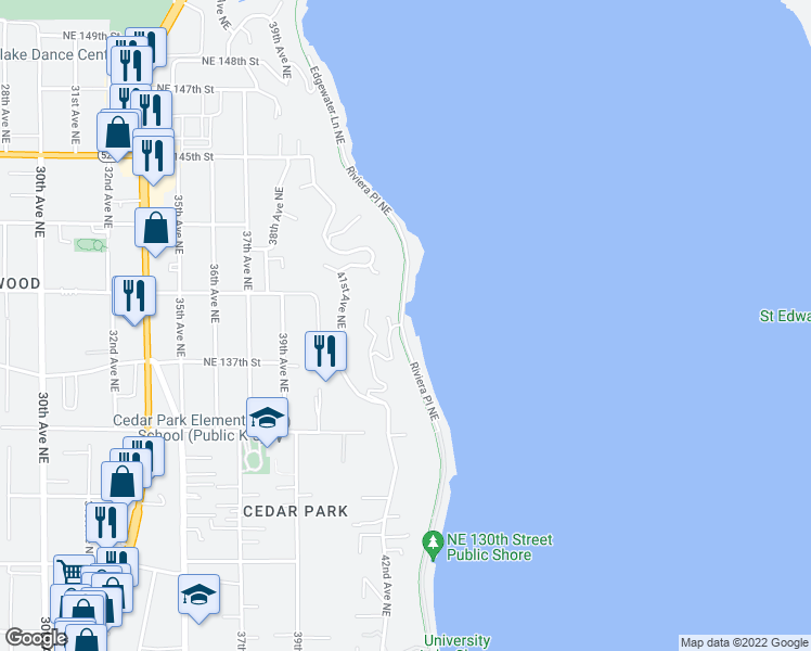 map of restaurants, bars, coffee shops, grocery stores, and more near 13734 Riviera Place Northeast in Seattle