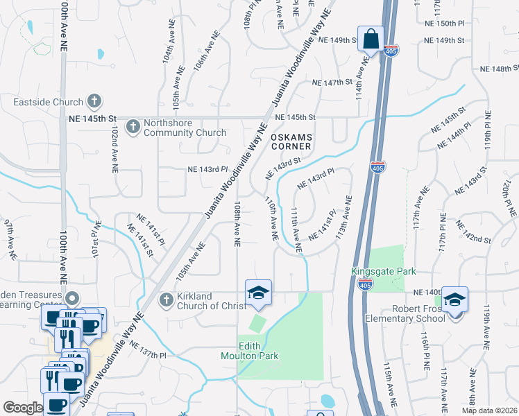 map of restaurants, bars, coffee shops, grocery stores, and more near 14222 108th Avenue Northeast in Kirkland
