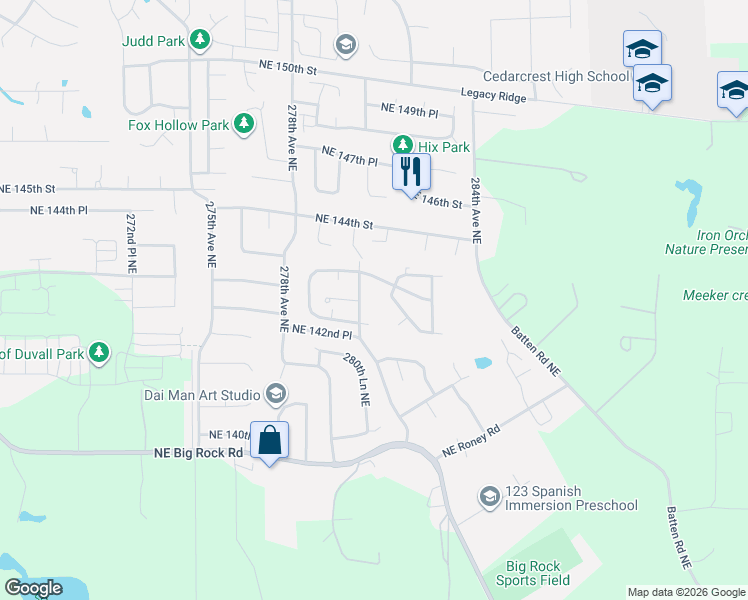 map of restaurants, bars, coffee shops, grocery stores, and more near 14308 281st Place Northeast in Duvall
