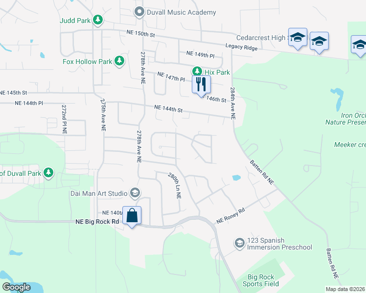 map of restaurants, bars, coffee shops, grocery stores, and more near 14308 281st Place Northeast in Duvall