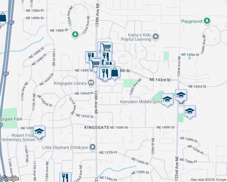 map of restaurants, bars, coffee shops, grocery stores, and more near 14324 124th Avenue Northeast in Kirkland