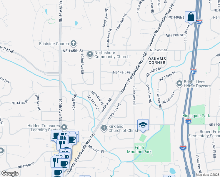map of restaurants, bars, coffee shops, grocery stores, and more near 14213 105th Avenue Northeast in Kirkland