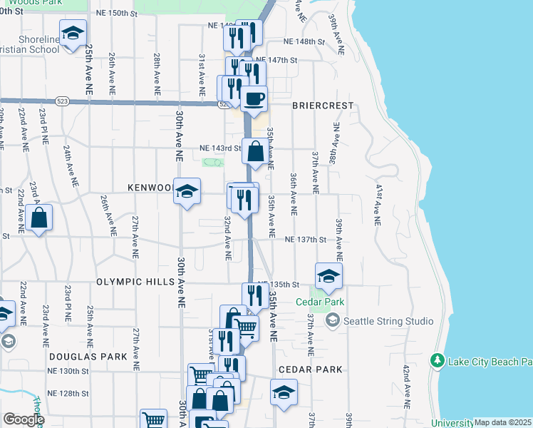 map of restaurants, bars, coffee shops, grocery stores, and more near 13758 Lake City Way Northeast in Seattle