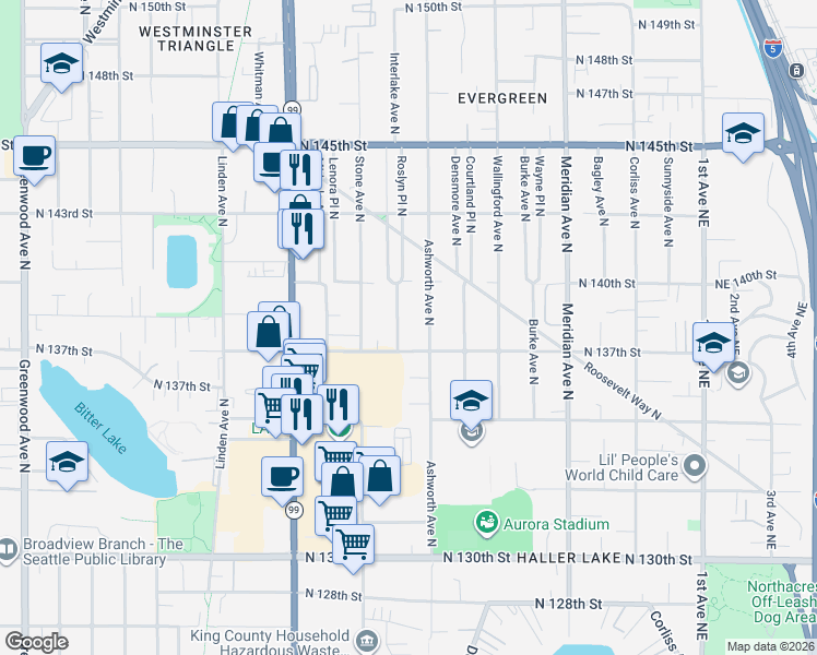map of restaurants, bars, coffee shops, grocery stores, and more near 13747 Ashworth Avenue North in Seattle