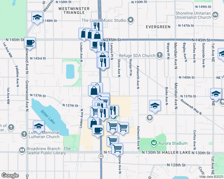 map of restaurants, bars, coffee shops, grocery stores, and more near 13744 Midvale Avenue North in Seattle