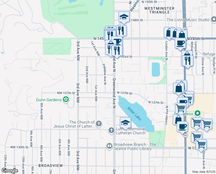 map of restaurants, bars, coffee shops, grocery stores, and more near 13742 Palatine Avenue North in Seattle