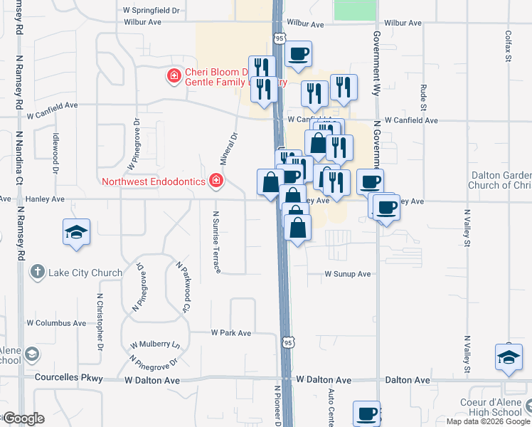 map of restaurants, bars, coffee shops, grocery stores, and more near 430 West Hanley Avenue in Coeur d'Alene