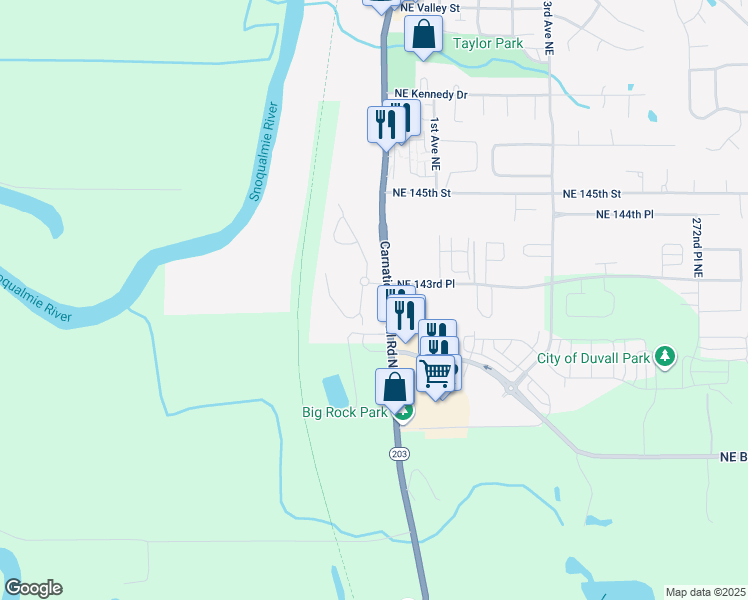 map of restaurants, bars, coffee shops, grocery stores, and more near 14322 Railroad Way Northeast in Duvall