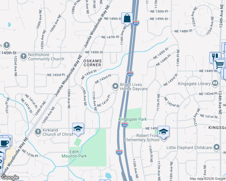 map of restaurants, bars, coffee shops, grocery stores, and more near 14249 112th Place Northeast in Kirkland