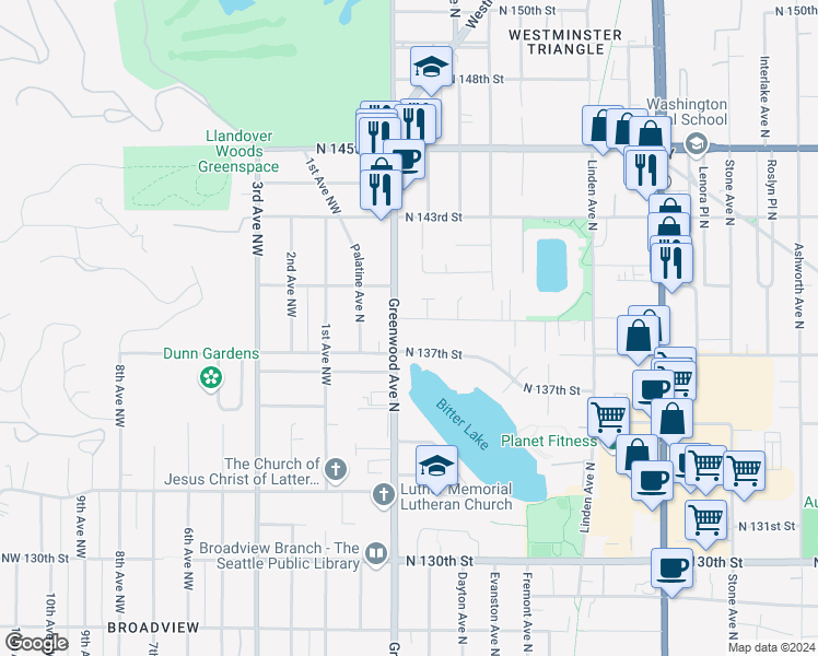 map of restaurants, bars, coffee shops, grocery stores, and more near 13808 Greenwood Avenue North in Seattle