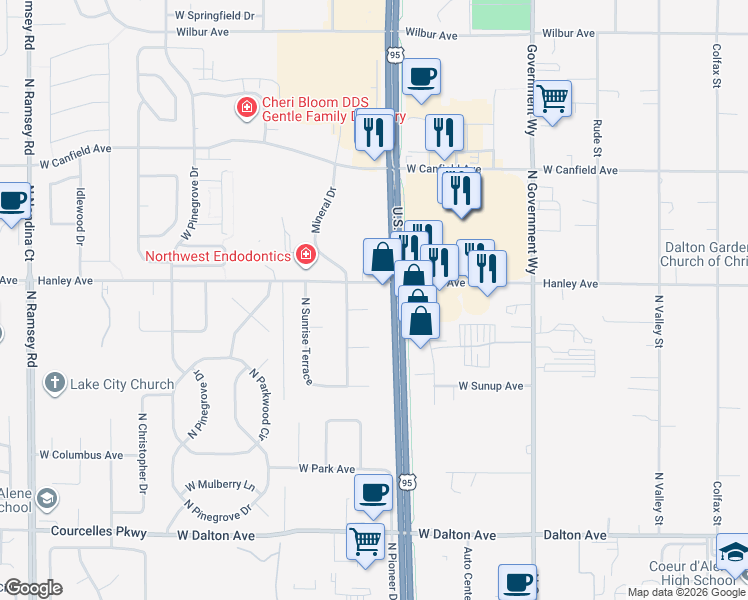 map of restaurants, bars, coffee shops, grocery stores, and more near 430 West Hanley Avenue in Coeur d'Alene