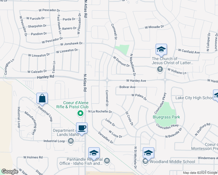 map of restaurants, bars, coffee shops, grocery stores, and more near 6318 Cornwall Street in Coeur d'Alene